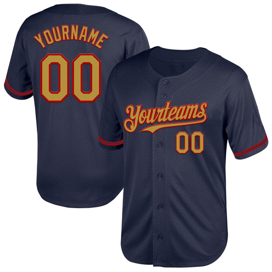 Custom Navy Old Gold-Red Mesh Authentic Throwback Baseball Jersey - Sky-Custom