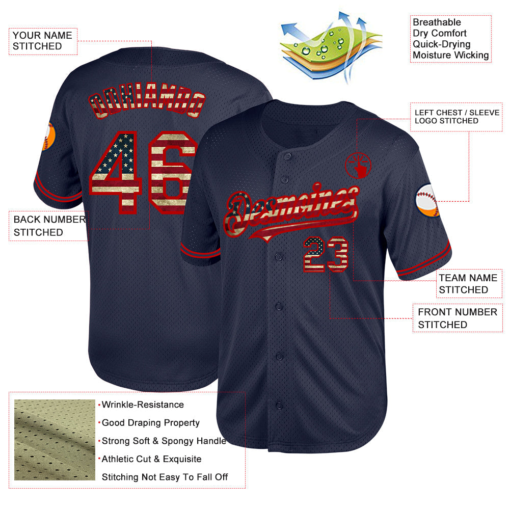 Custom Navy Vintage USA Flag-Red Mesh Authentic Throwback Baseball Jersey - Sky-Custom