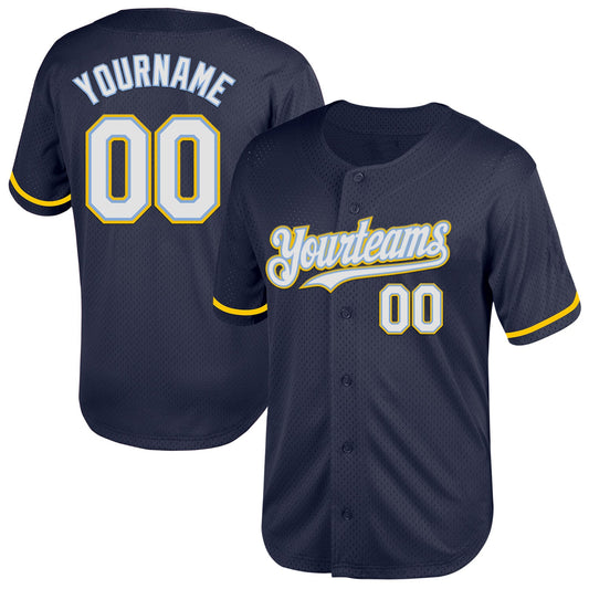 Custom Navy Light Blue-Yellow Mesh Authentic Throwback Baseball Jersey - Sky-Custom