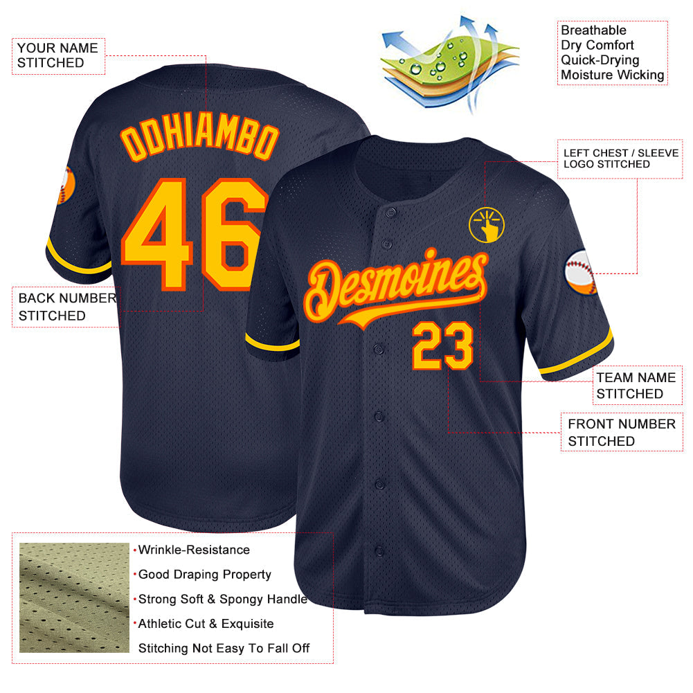 Custom Navy Yellow-Orange Mesh Authentic Throwback Baseball Jersey - Sky-Custom