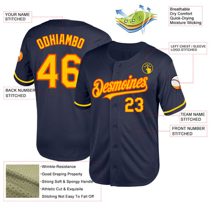 Custom Navy Yellow-Orange Mesh Authentic Throwback Baseball Jersey - Sky-Custom
