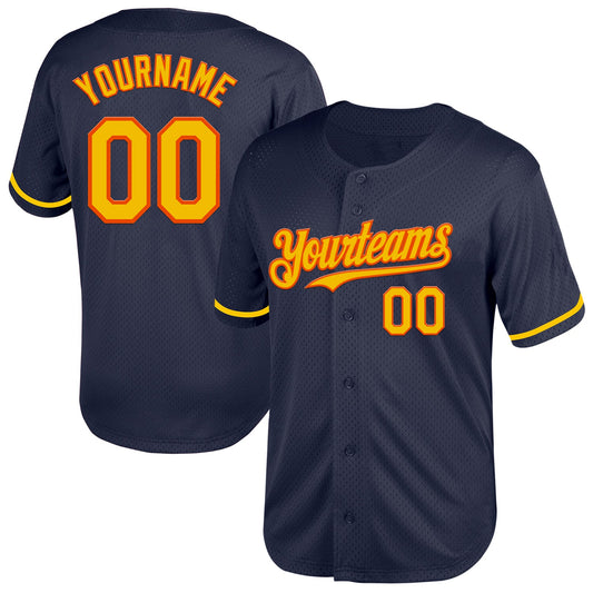 Custom Navy Yellow-Orange Mesh Authentic Throwback Baseball Jersey - Sky-Custom