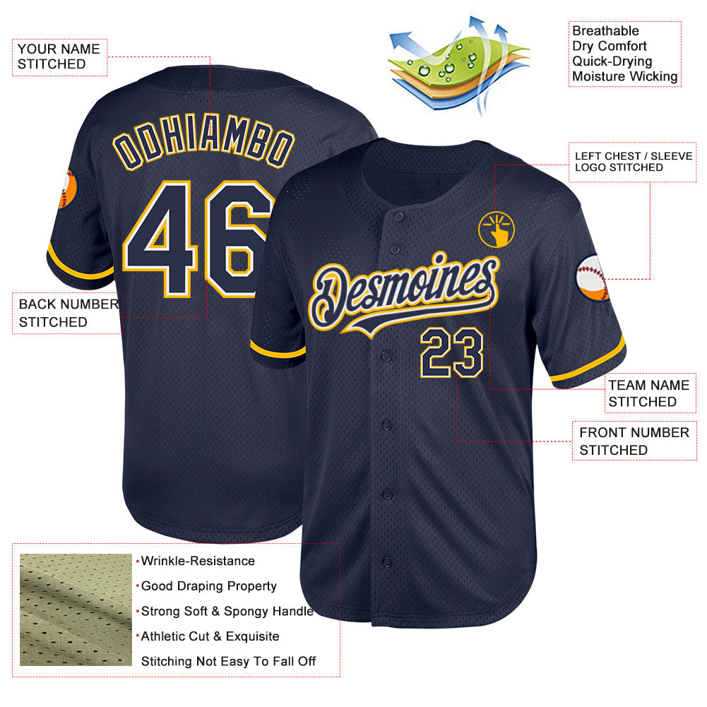 Custom Navy White-Gold Mesh Authentic Throwback Baseball Jersey - Sky-Custom