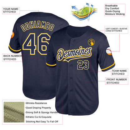 Custom Navy White-Gold Mesh Authentic Throwback Baseball Jersey - Sky-Custom