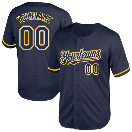 Custom Navy White-Gold Mesh Authentic Throwback Baseball Jersey - Sky-Custom