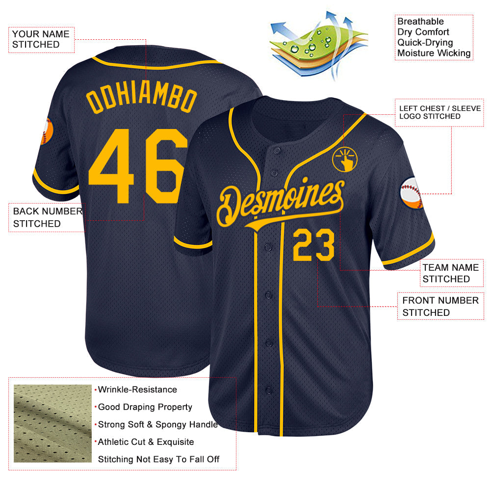 Custom Navy Gold Mesh Authentic Throwback Baseball Jersey - Sky-Custom