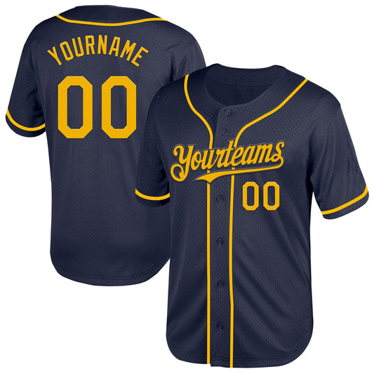 Custom Navy Gold Mesh Authentic Throwback Baseball Jersey - Sky-Custom