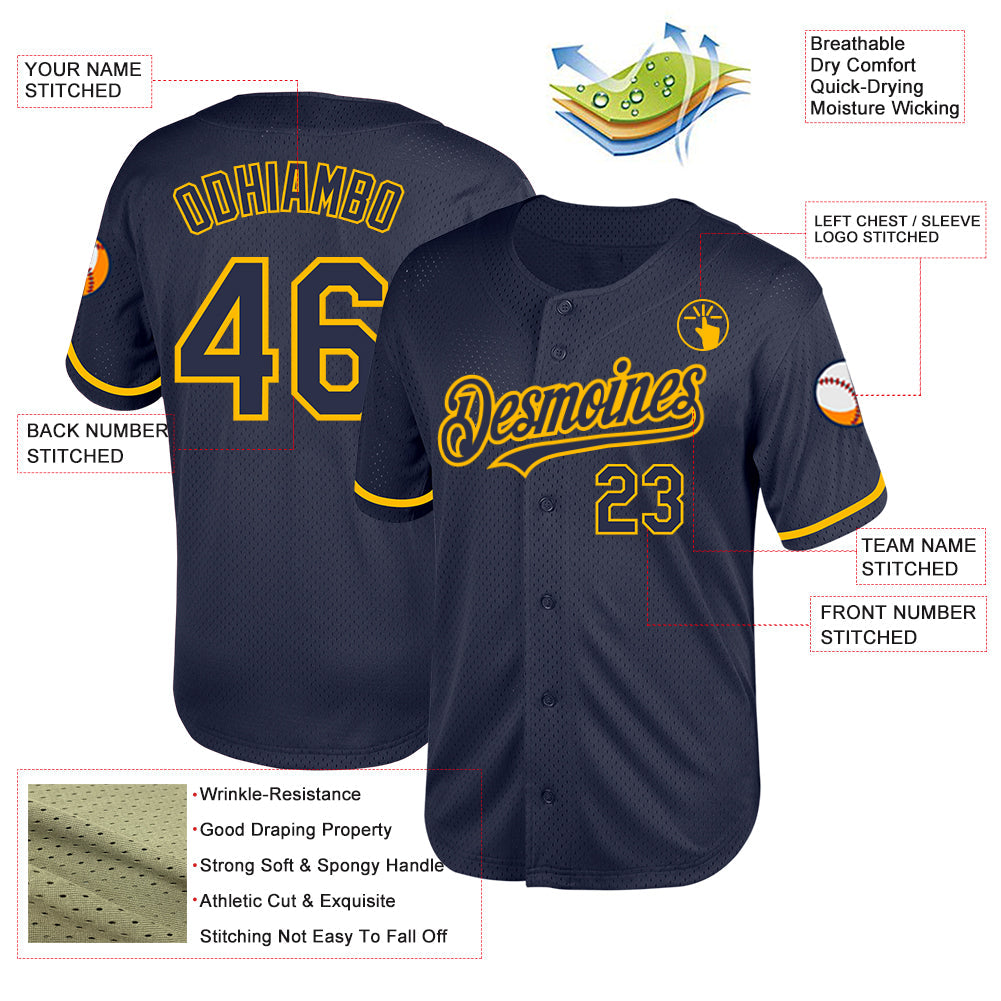 Custom Navy Gold Mesh Authentic Throwback Baseball Jersey - Sky-Custom