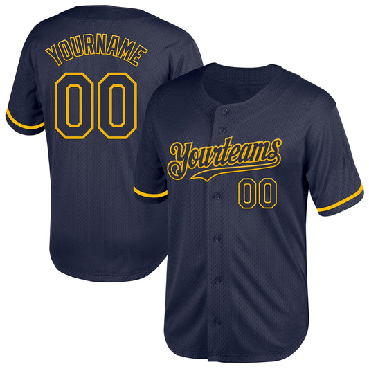Custom Navy Gold Mesh Authentic Throwback Baseball Jersey - Sky-Custom