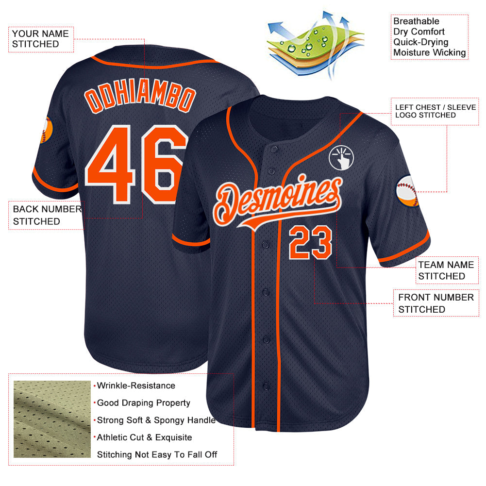 Custom Navy Orange-White Mesh Authentic Throwback Baseball Jersey - Sky-Custom