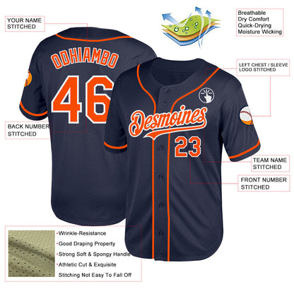 Custom Navy Orange-White Mesh Authentic Throwback Baseball Jersey - Sky-Custom