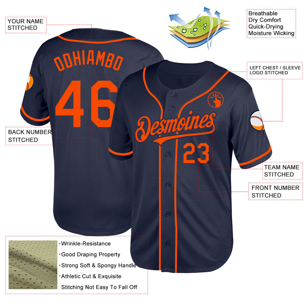 Custom Navy Orange Mesh Authentic Throwback Baseball Jersey - Sky-Custom