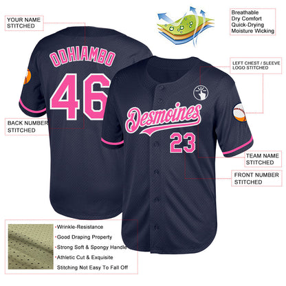 Custom Navy Pink-White Mesh Authentic Throwback Baseball Jersey - Sky-Custom