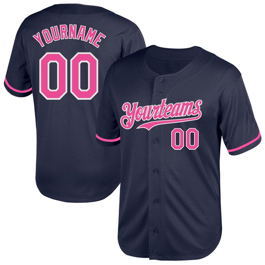 Custom Navy Pink-White Mesh Authentic Throwback Baseball Jersey - Sky-Custom