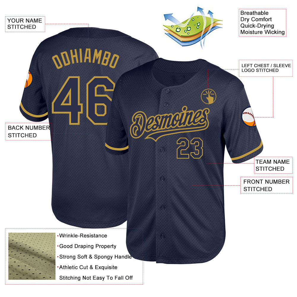 Custom Navy Old Gold Mesh Authentic Throwback Baseball Jersey - Sky-Custom
