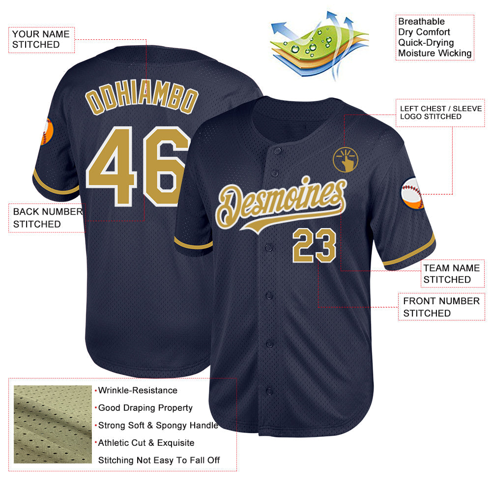 Custom Navy Old Gold-White Mesh Authentic Throwback Baseball Jersey - Sky-Custom