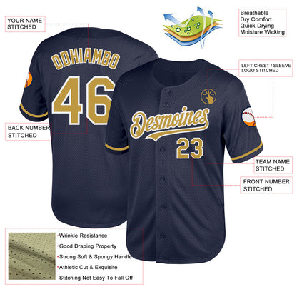 Custom Navy Old Gold-White Mesh Authentic Throwback Baseball Jersey - Sky-Custom
