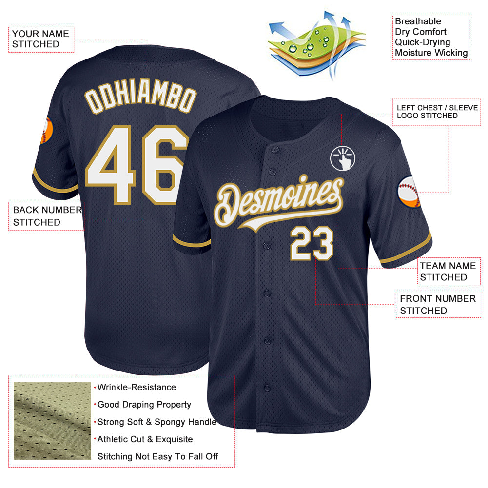 Custom Navy White-Old Gold Mesh Authentic Throwback Baseball Jersey - Sky-Custom