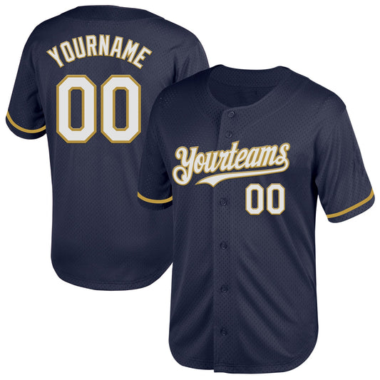 Custom Navy White-Old Gold Mesh Authentic Throwback Baseball Jersey - Sky-Custom