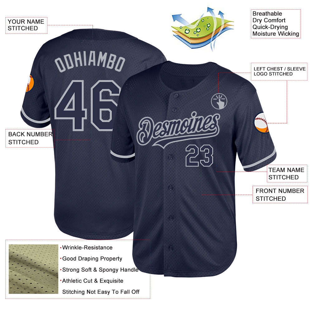 Custom Navy Gray Mesh Authentic Throwback Baseball Jersey - Sky-Custom