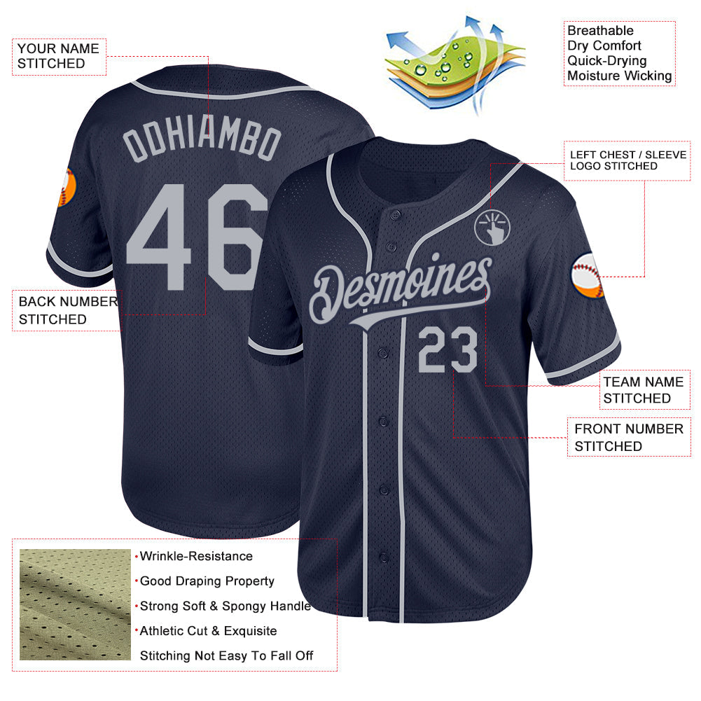 Custom Navy Gray Mesh Authentic Throwback Baseball Jersey - Sky-Custom