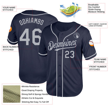 Custom Navy Gray Mesh Authentic Throwback Baseball Jersey - Sky-Custom