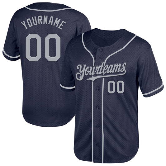 Custom Navy Gray Mesh Authentic Throwback Baseball Jersey - Sky-Custom