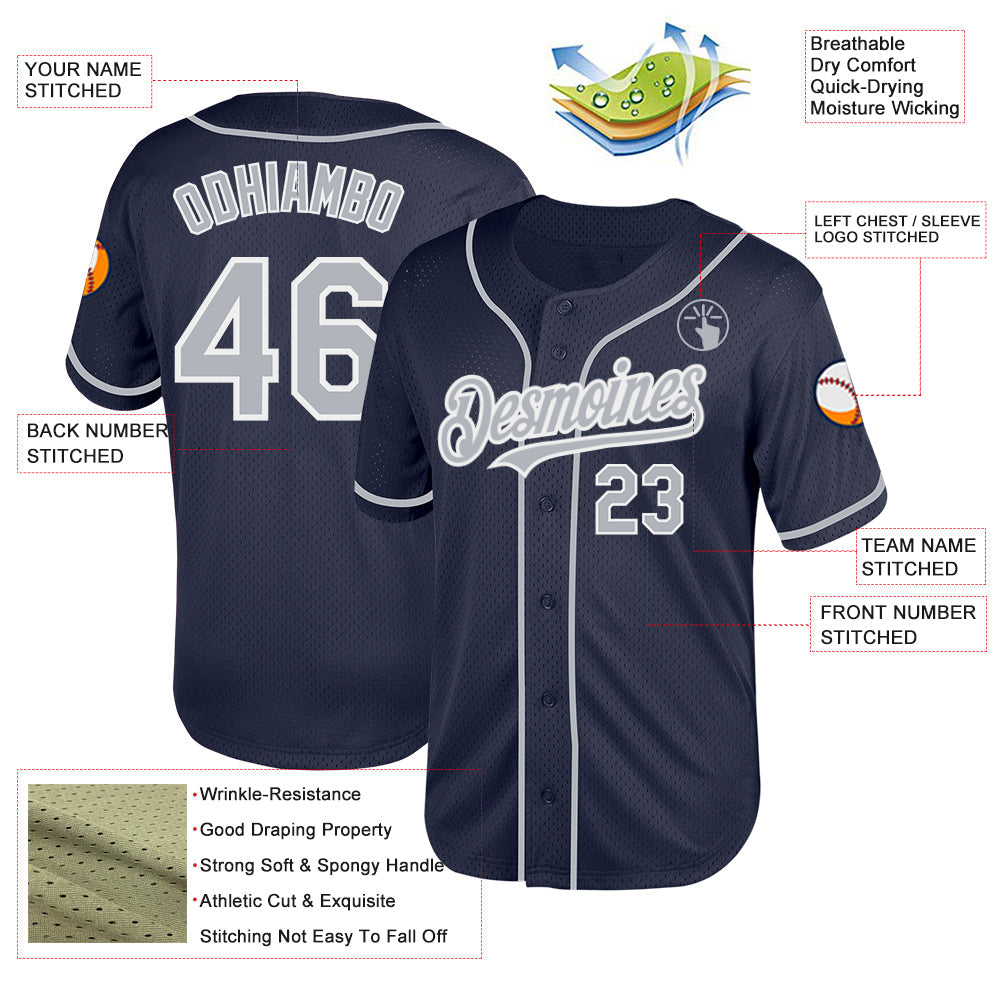 Custom Navy Gray-White Mesh Authentic Throwback Baseball Jersey - Sky-Custom