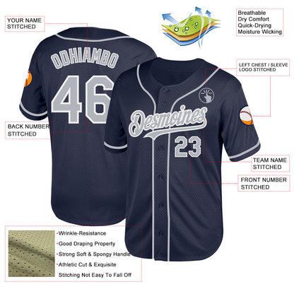 Custom Navy Gray-White Mesh Authentic Throwback Baseball Jersey - Sky-Custom