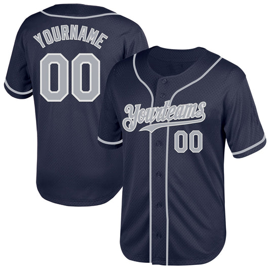 Custom Navy Gray-White Mesh Authentic Throwback Baseball Jersey - Sky-Custom