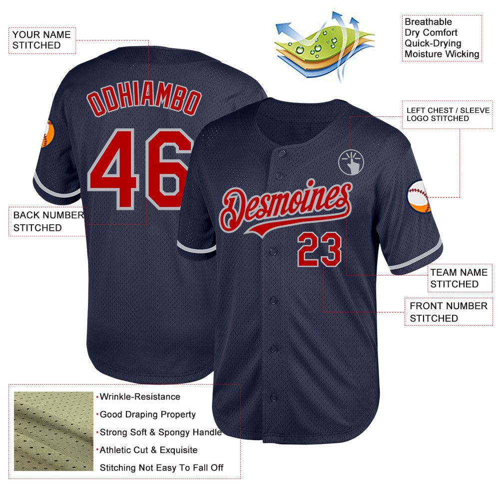 Custom Navy Red-Gray Mesh Authentic Throwback Baseball Jersey - Sky-Custom