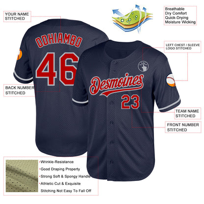 Custom Navy Red-Gray Mesh Authentic Throwback Baseball Jersey - Sky-Custom