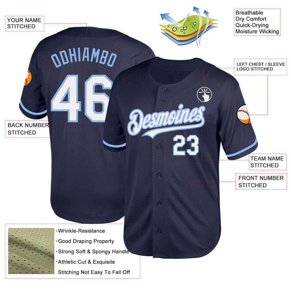 Custom Navy White-Light Blue Mesh Authentic Throwback Baseball Jersey - Sky-Custom