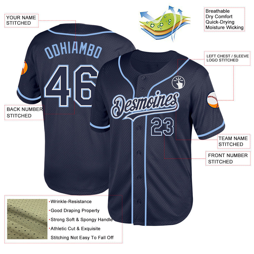 Custom Navy White-Light Blue Mesh Authentic Throwback Baseball Jersey - Sky-Custom