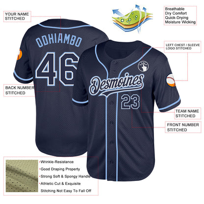 Custom Navy White-Light Blue Mesh Authentic Throwback Baseball Jersey - Sky-Custom