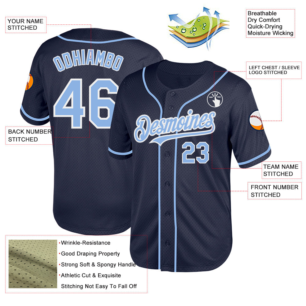 Custom Navy Light Blue-White Mesh Authentic Throwback Baseball Jersey - Sky-Custom