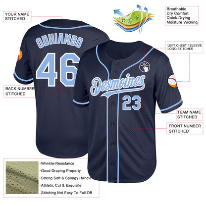 Custom Navy Light Blue-White Mesh Authentic Throwback Baseball Jersey - Sky-Custom