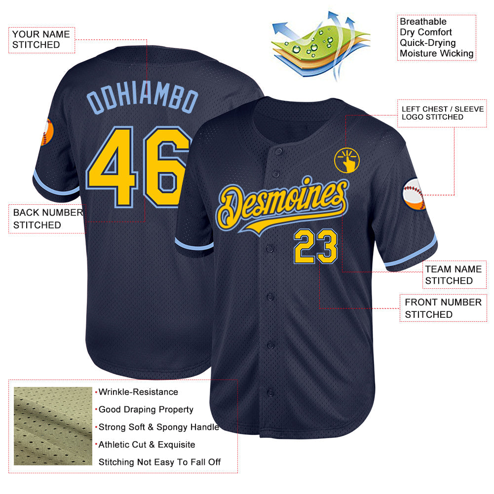 Custom Navy Yellow-Light Blue Mesh Authentic Throwback Baseball Jersey - Sky-Custom
