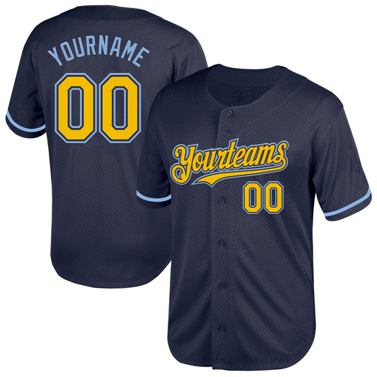 Custom Navy Yellow-Light Blue Mesh Authentic Throwback Baseball Jersey - Sky-Custom