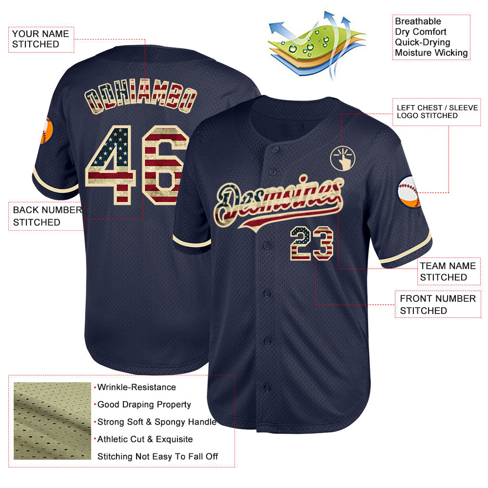 Custom Navy Vintage USA Flag-Cream Mesh Authentic Throwback Baseball Jersey - Sky-Custom