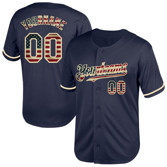 Custom Navy Vintage USA Flag-Cream Mesh Authentic Throwback Baseball Jersey - Sky-Custom