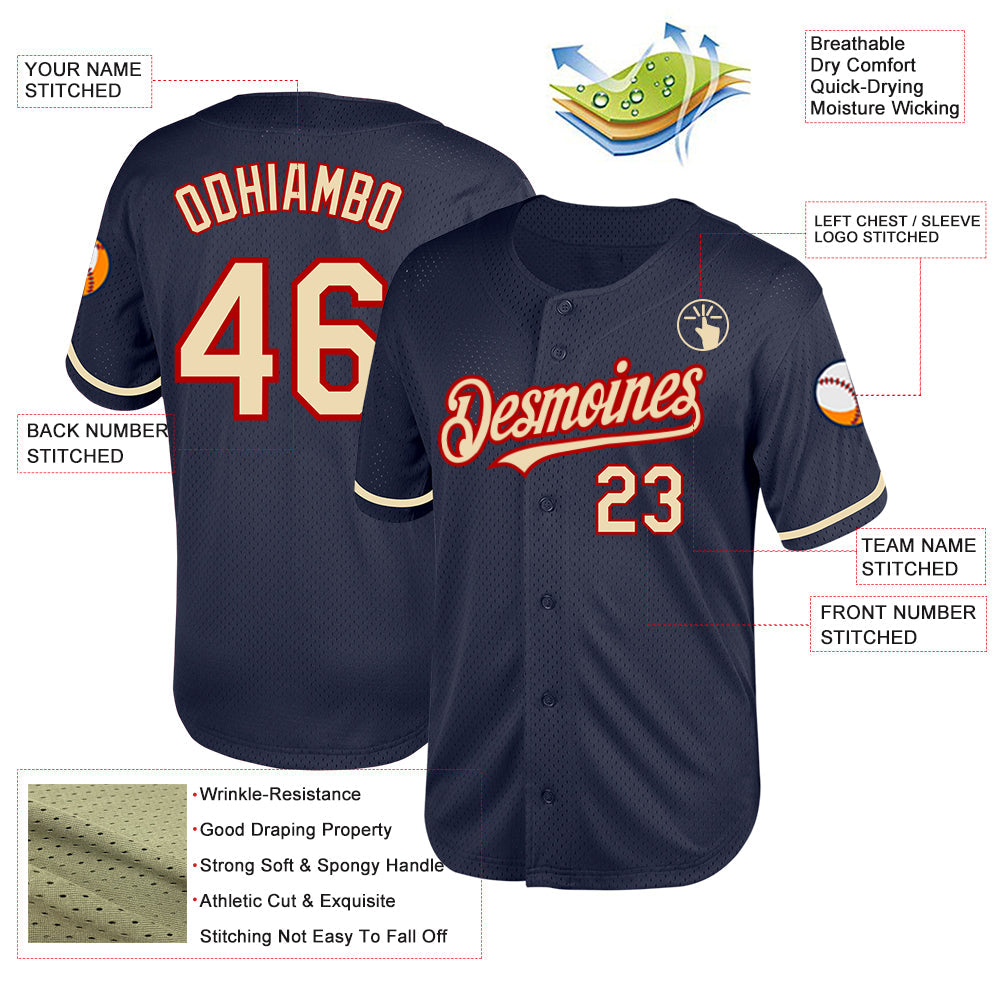 Custom Navy Cream-Red Mesh Authentic Throwback Baseball Jersey - Sky-Custom