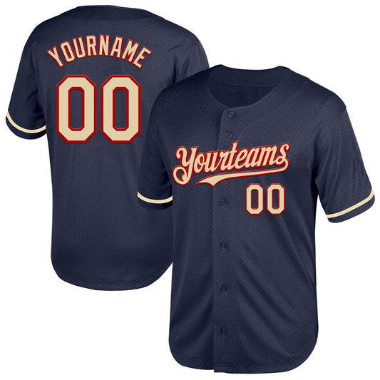 Custom Navy Cream-Red Mesh Authentic Throwback Baseball Jersey - Sky-Custom