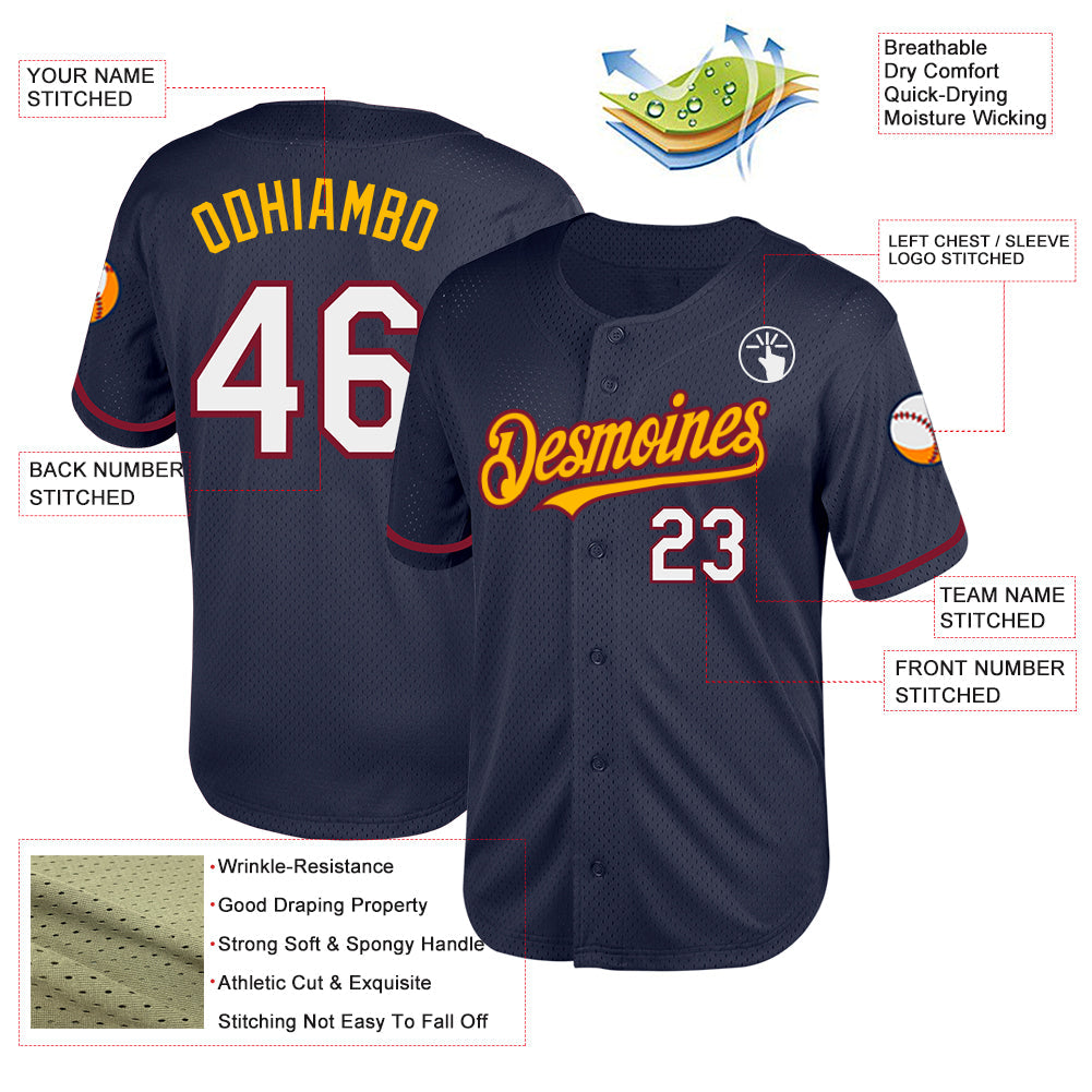 Custom Navy Crimson-Gold Mesh Authentic Throwback Baseball Jersey - Sky-Custom
