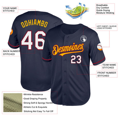 Custom Navy Crimson-Gold Mesh Authentic Throwback Baseball Jersey - Sky-Custom