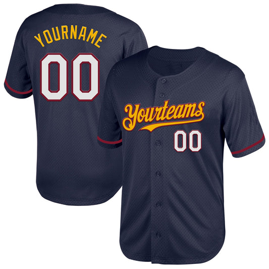 Custom Navy Crimson-Gold Mesh Authentic Throwback Baseball Jersey - Sky-Custom