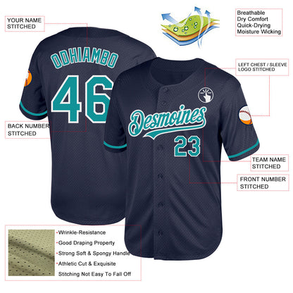 Custom Navy Teal-White Mesh Authentic Throwback Baseball Jersey - Sky-Custom