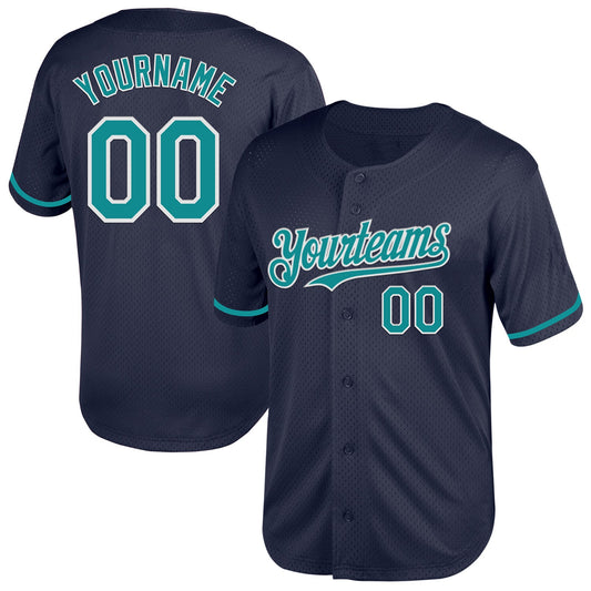 Custom Navy Teal-White Mesh Authentic Throwback Baseball Jersey - Sky-Custom