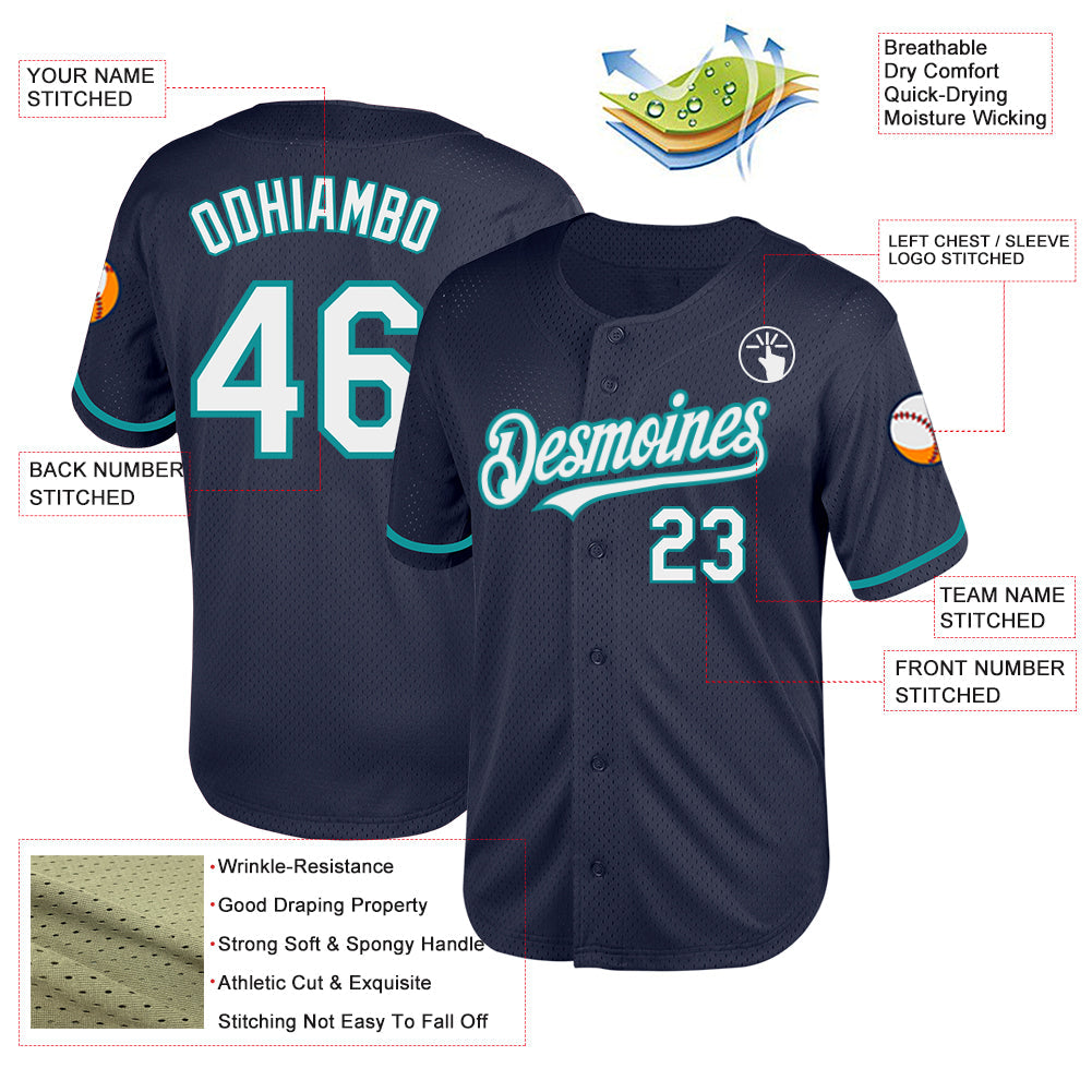 Custom Navy White-Teal Mesh Authentic Throwback Baseball Jersey - Sky-Custom