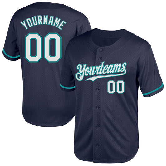 Custom Navy White-Teal Mesh Authentic Throwback Baseball Jersey - Sky-Custom